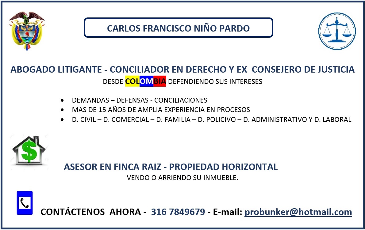 ABOGADO ABOGADO EN COLOMBIA - DEMANDAS - DEFENSAS - CONCILIACIONES - FINCA RAIZ - DERECHO CIVIL - DERECHO DE FAMILIA - DERECHO ADMINISTRATIVO - DERECHO POLICIVO